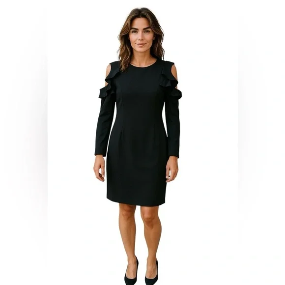 Calvin Klein Women’s Black Size 12 Ruffle Long Sleeves Cold Shoulder Dress - Picture 3 of 4